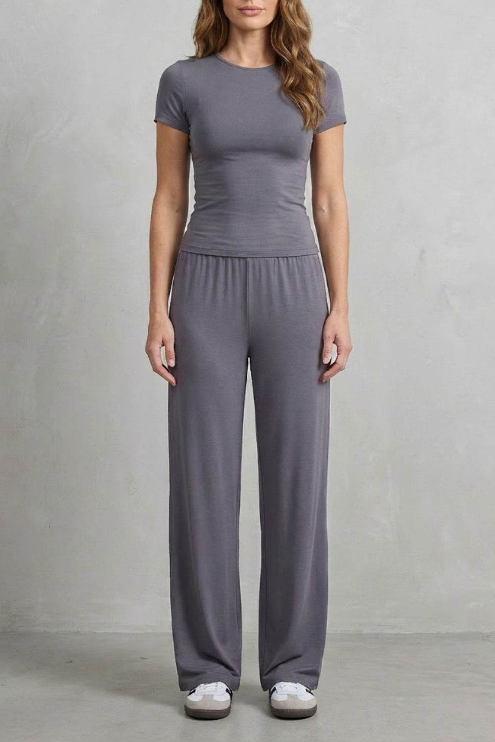 Long Sleeve Pure Color Wide-Leg Pants Suit