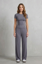 Long Sleeve Pure Color Wide-Leg Pants Suit
