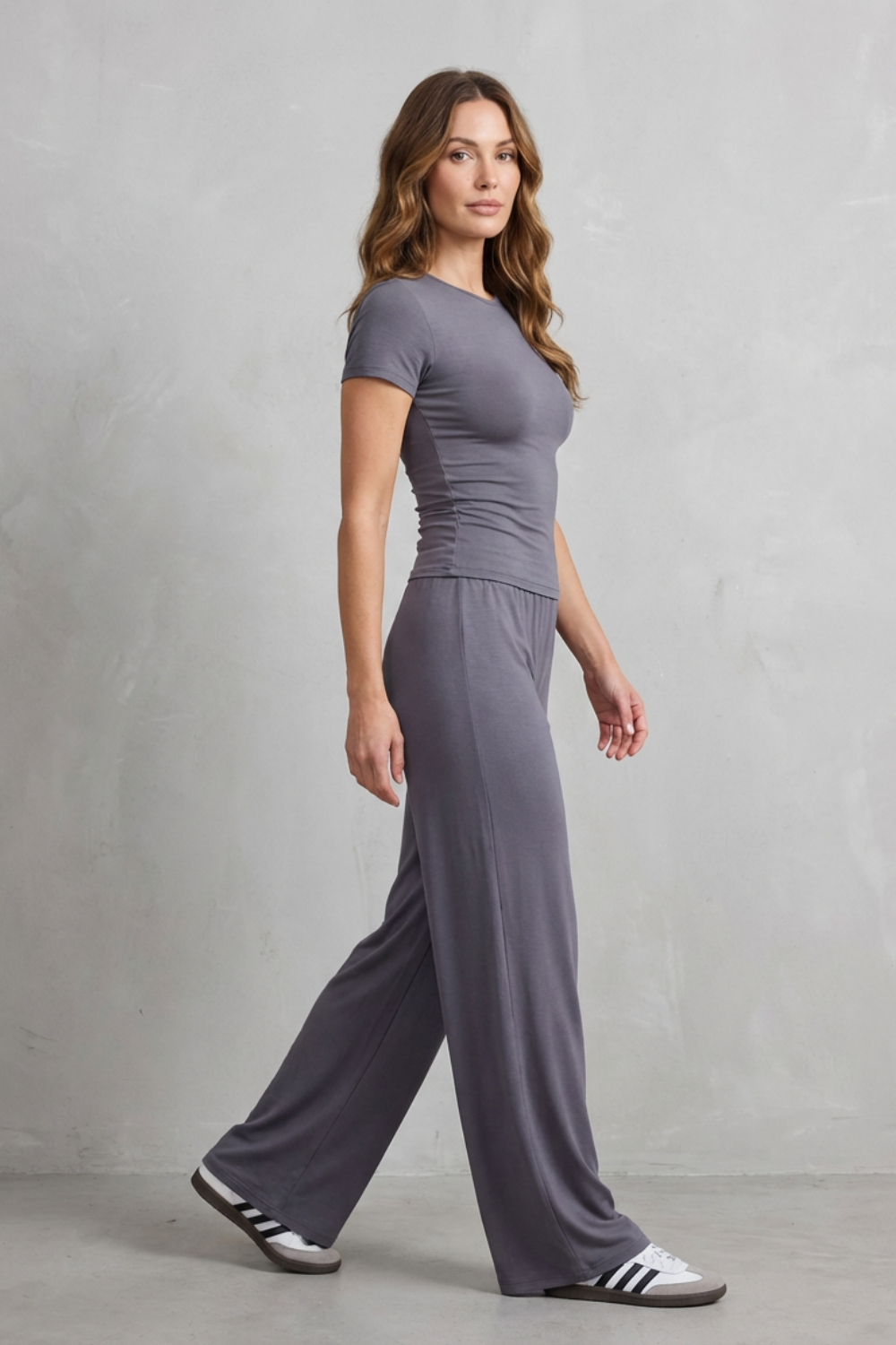 Long Sleeve Pure Color Wide-Leg Pants Suit