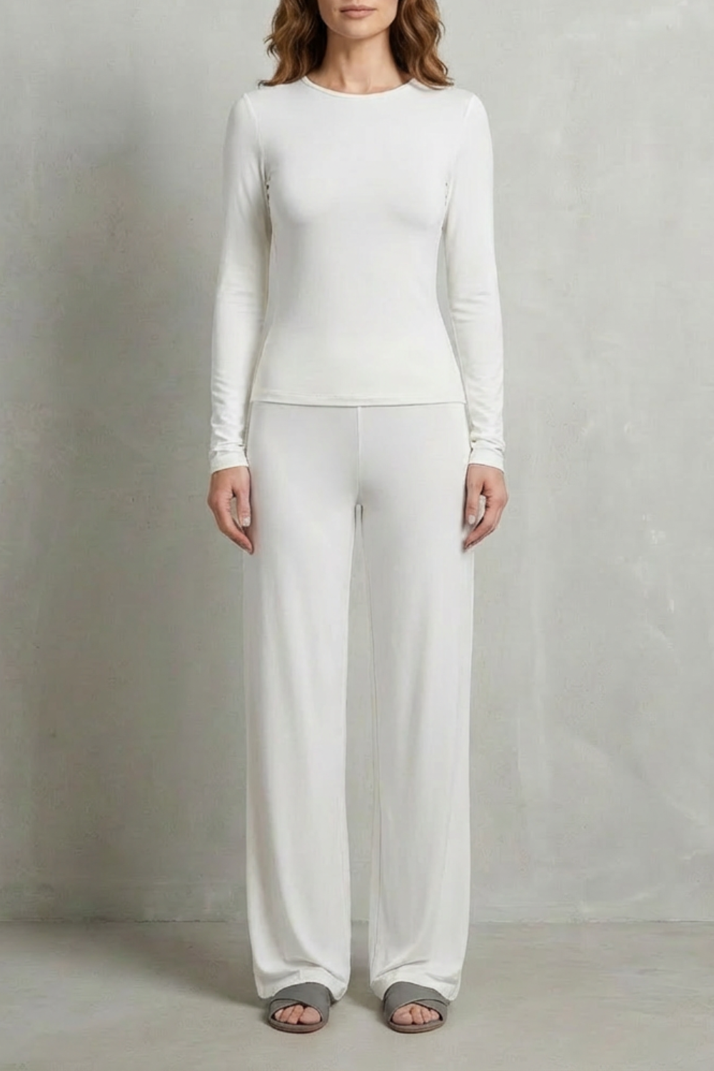 Long Sleeve Pure Color Wide-Leg Pants Suit