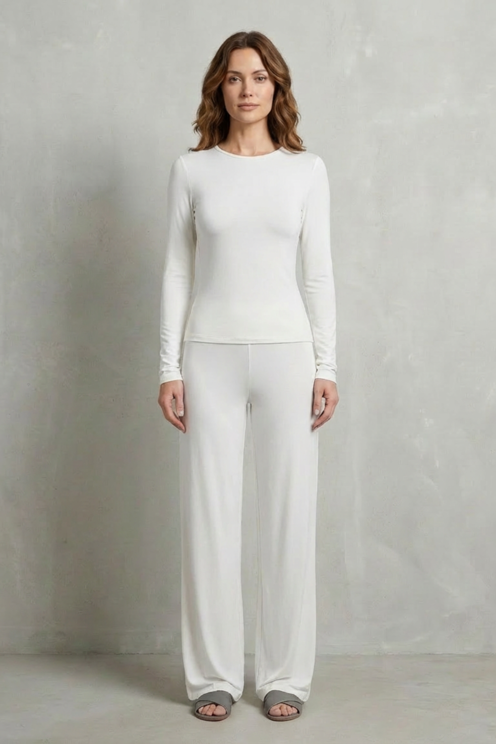 Long Sleeve Pure Color Wide-Leg Pants Suit