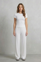 Long Sleeve Pure Color Wide-Leg Pants Suit