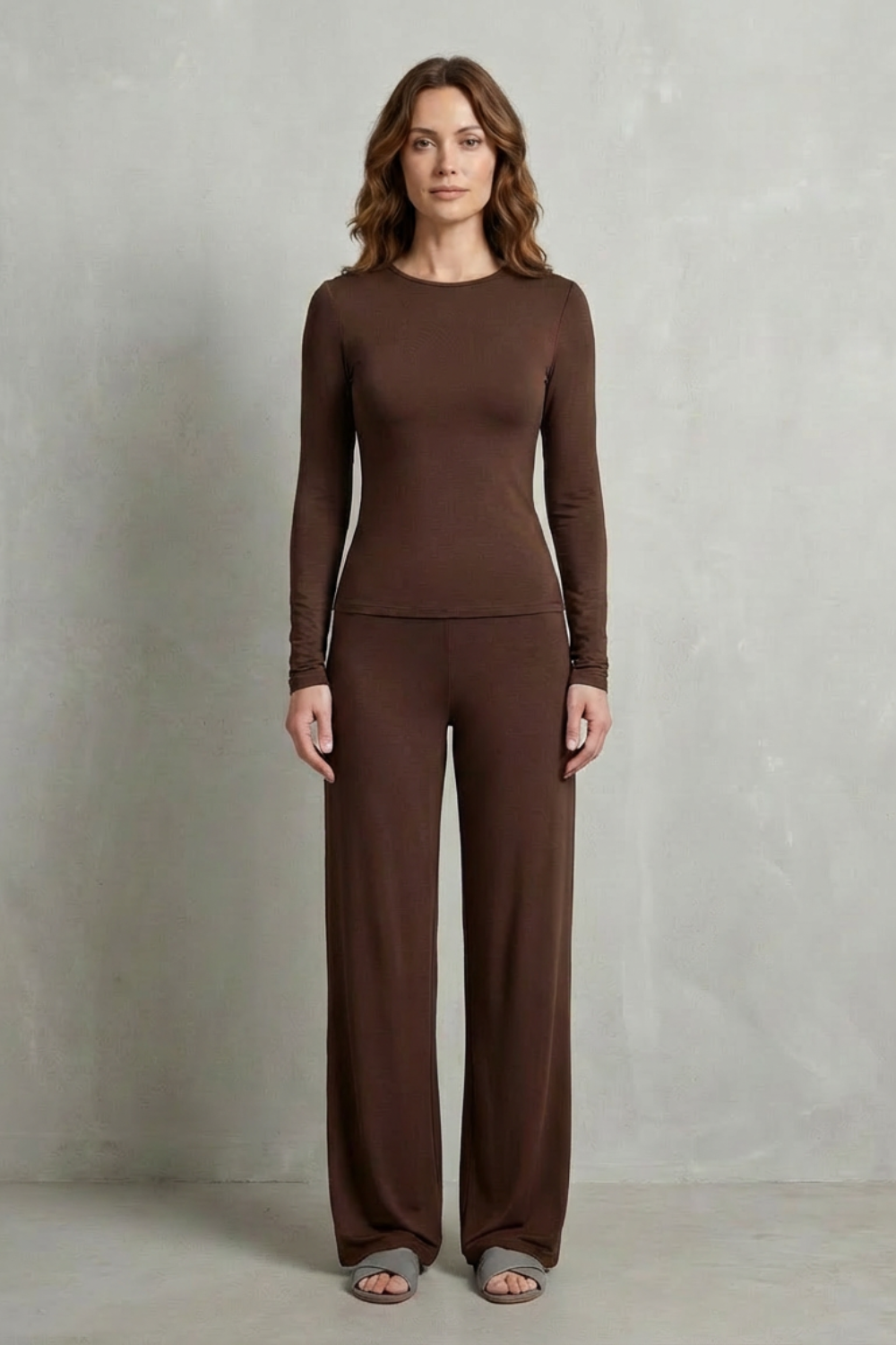 Long Sleeve Pure Color Wide-Leg Pants Suit