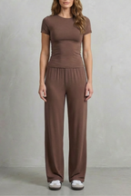 Long Sleeve Pure Color Wide-Leg Pants Suit