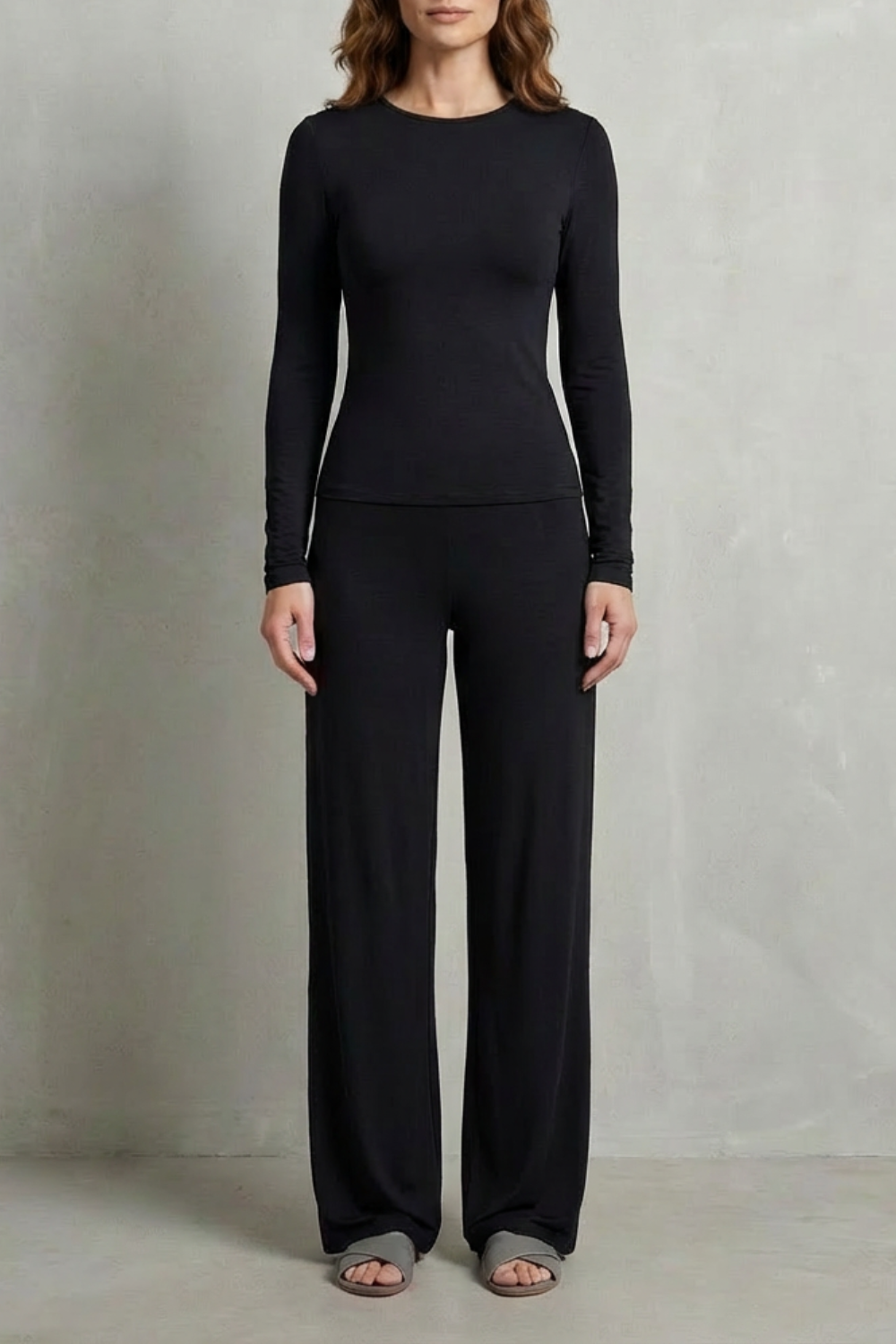 Long Sleeve Pure Color Wide-Leg Pants Suit