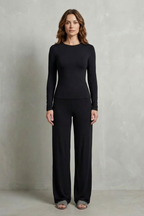 Long Sleeve Pure Color Wide-Leg Pants Suit