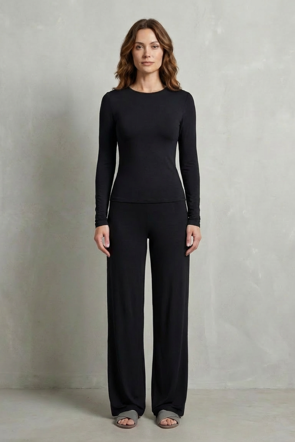 Long Sleeve Pure Color Wide-Leg Pants Suit