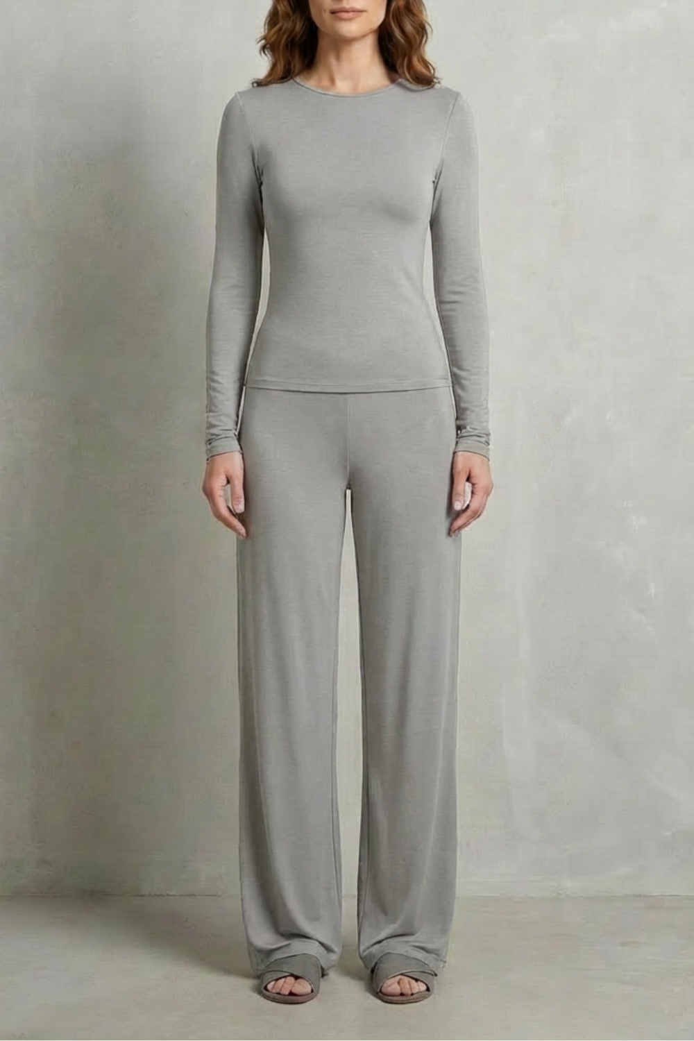 Long Sleeve Pure Color Wide-Leg Pants Suit