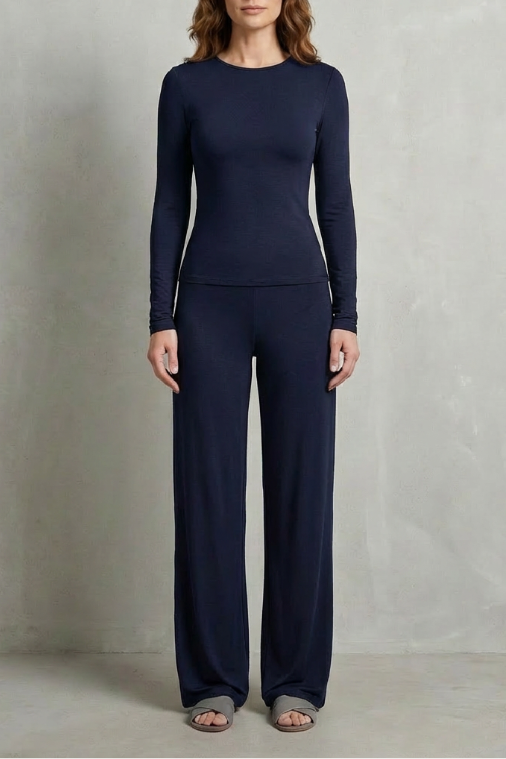 Long Sleeve Pure Color Wide-Leg Pants Suit