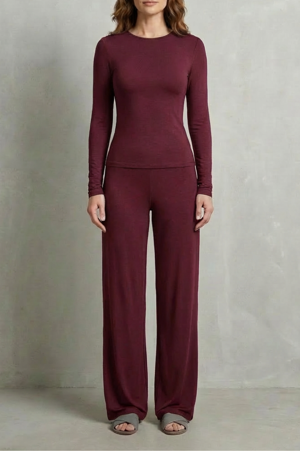 Long Sleeve Pure Color Wide-Leg Pants Suit