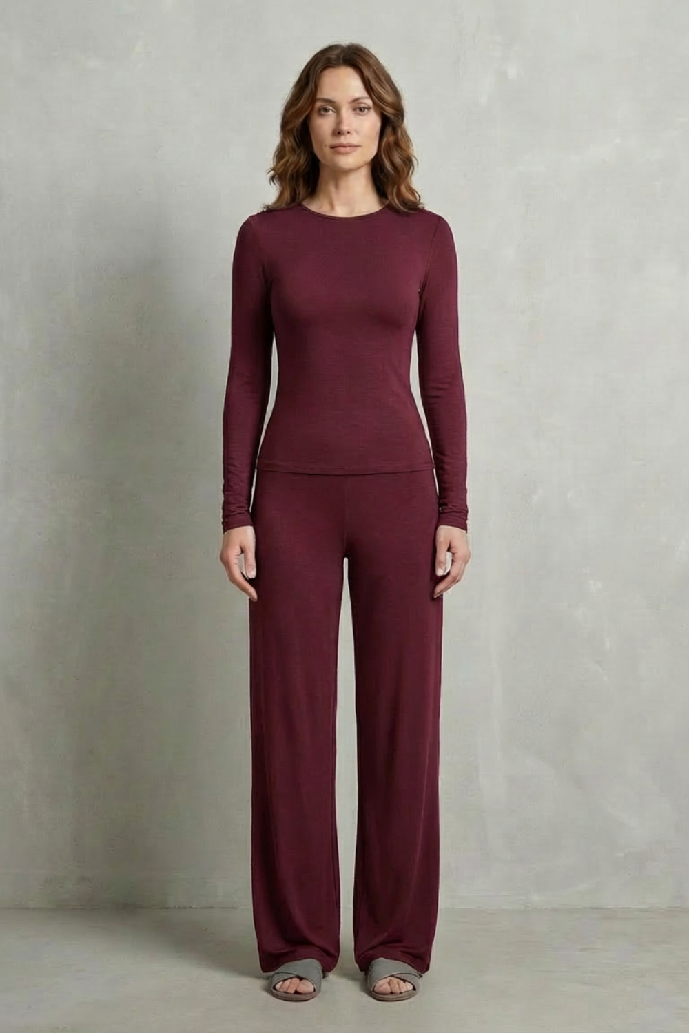 Long Sleeve Pure Color Wide-Leg Pants Suit