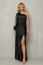 Floor Length One Shoulder Slit Maxi Dress
