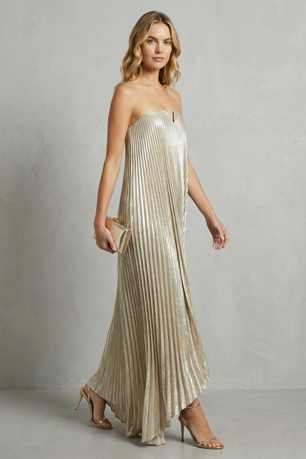 Pleated Floor Length Strapless Metallic Gown