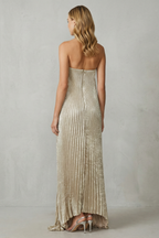 Pleated Floor Length Strapless Metallic Gown