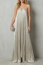 Pleated Floor Length Strapless Metallic Gown