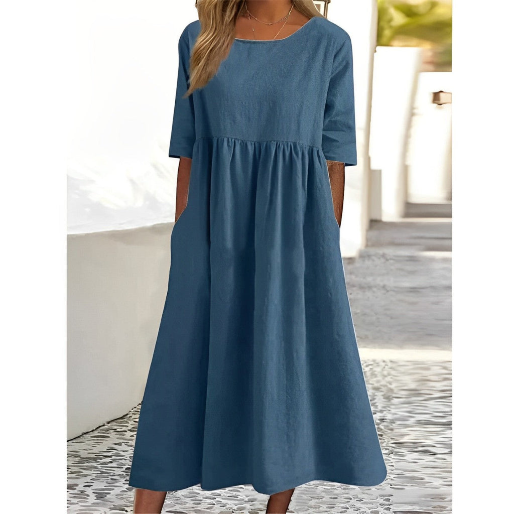 Cotton Linen Midi Dress Breathable Casual Summer