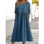 Cotton Linen Midi Dress Breathable Casual Summer