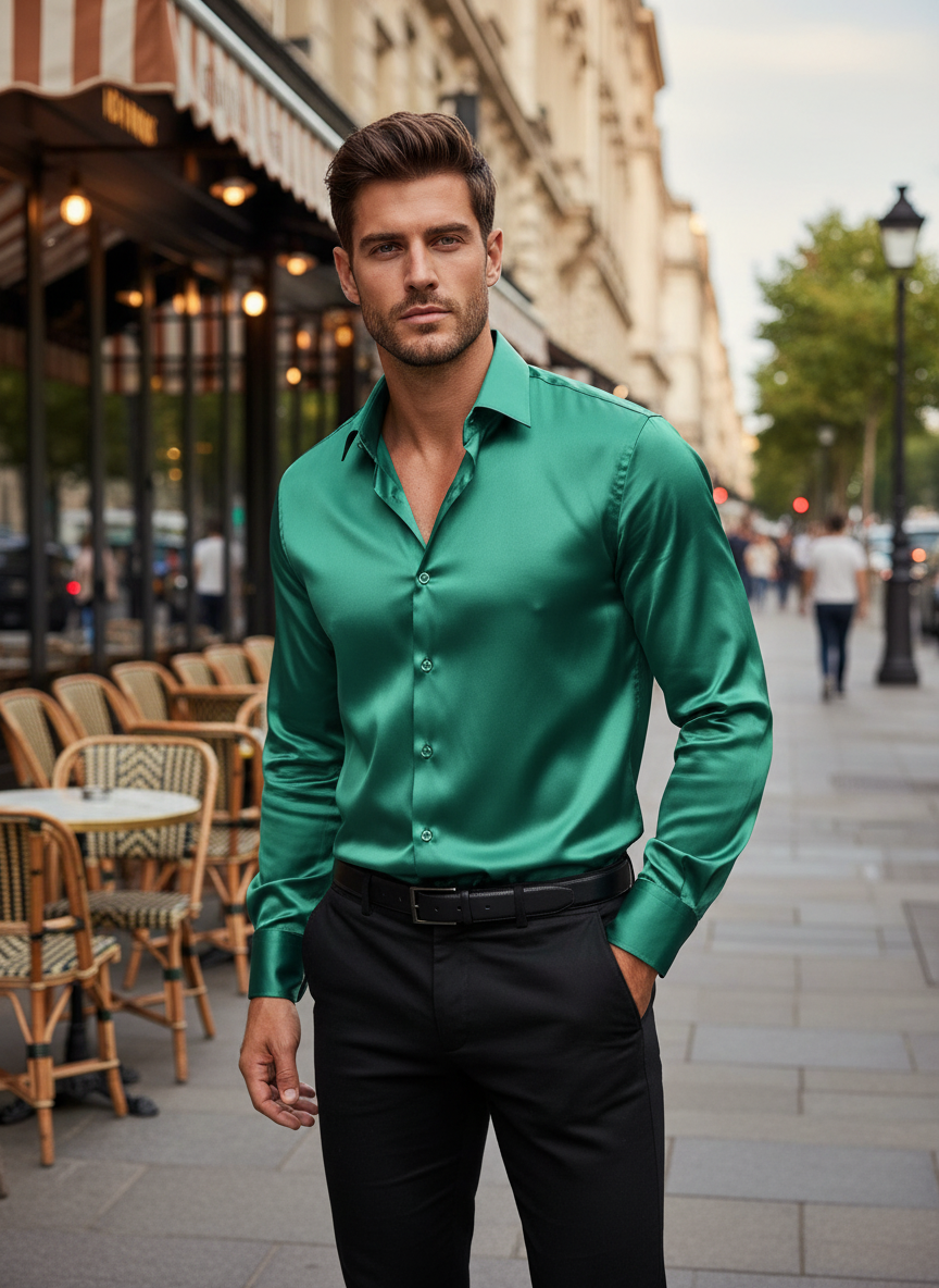 Mens Premium Silk Shirt Formal Luxury Casual