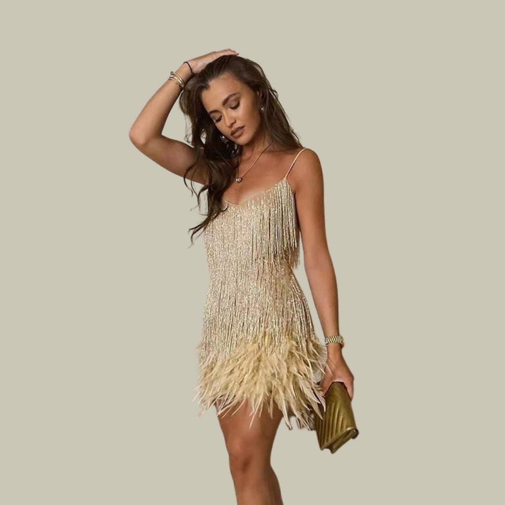 Fringe Mini Dress Sequin Shimmer Feather Hem