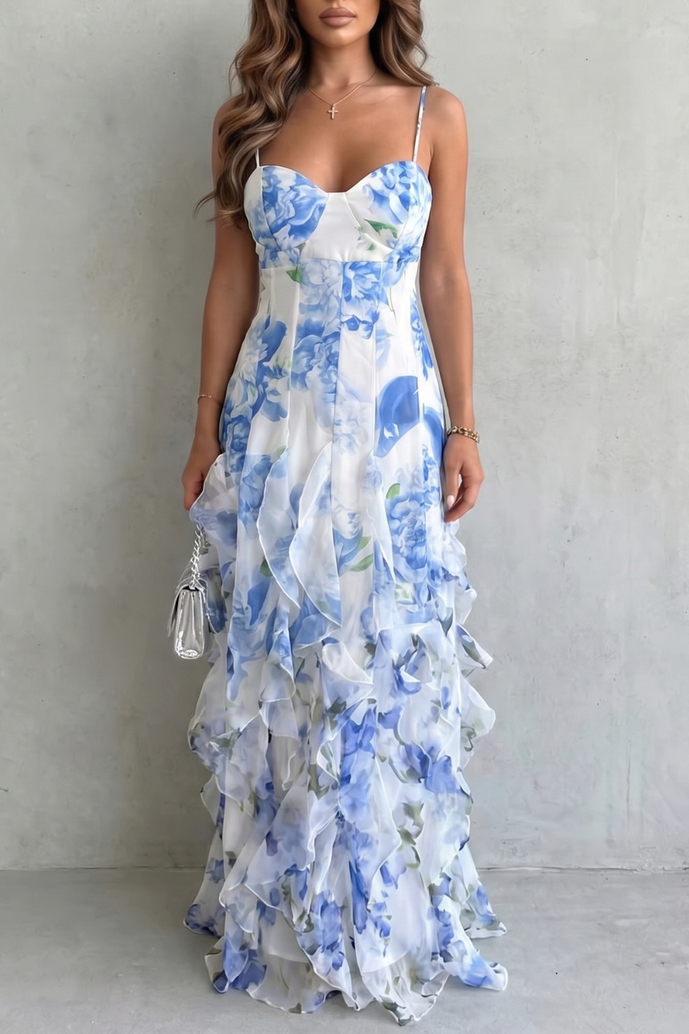Floral V Neck Ruffled Chiffon Maxi Dress