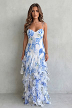Floral V Neck Ruffled Chiffon Maxi Dress