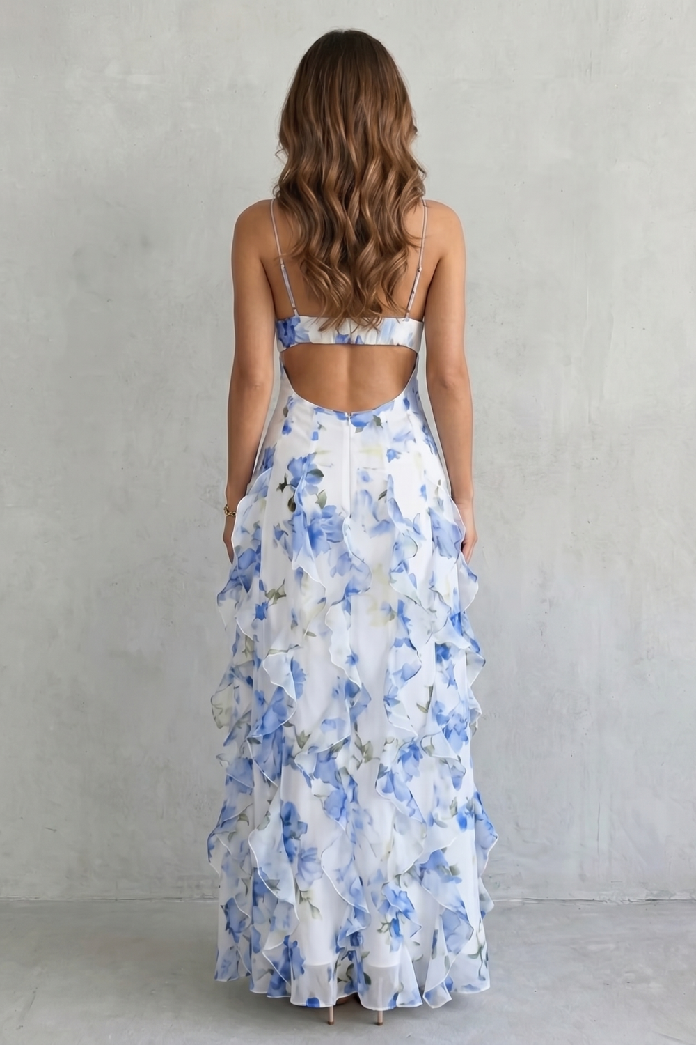 Floral V Neck Ruffled Chiffon Maxi Dress