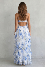 Floral V Neck Ruffled Chiffon Maxi Dress