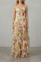 Floral V Neck Ruffled Chiffon Maxi Dress