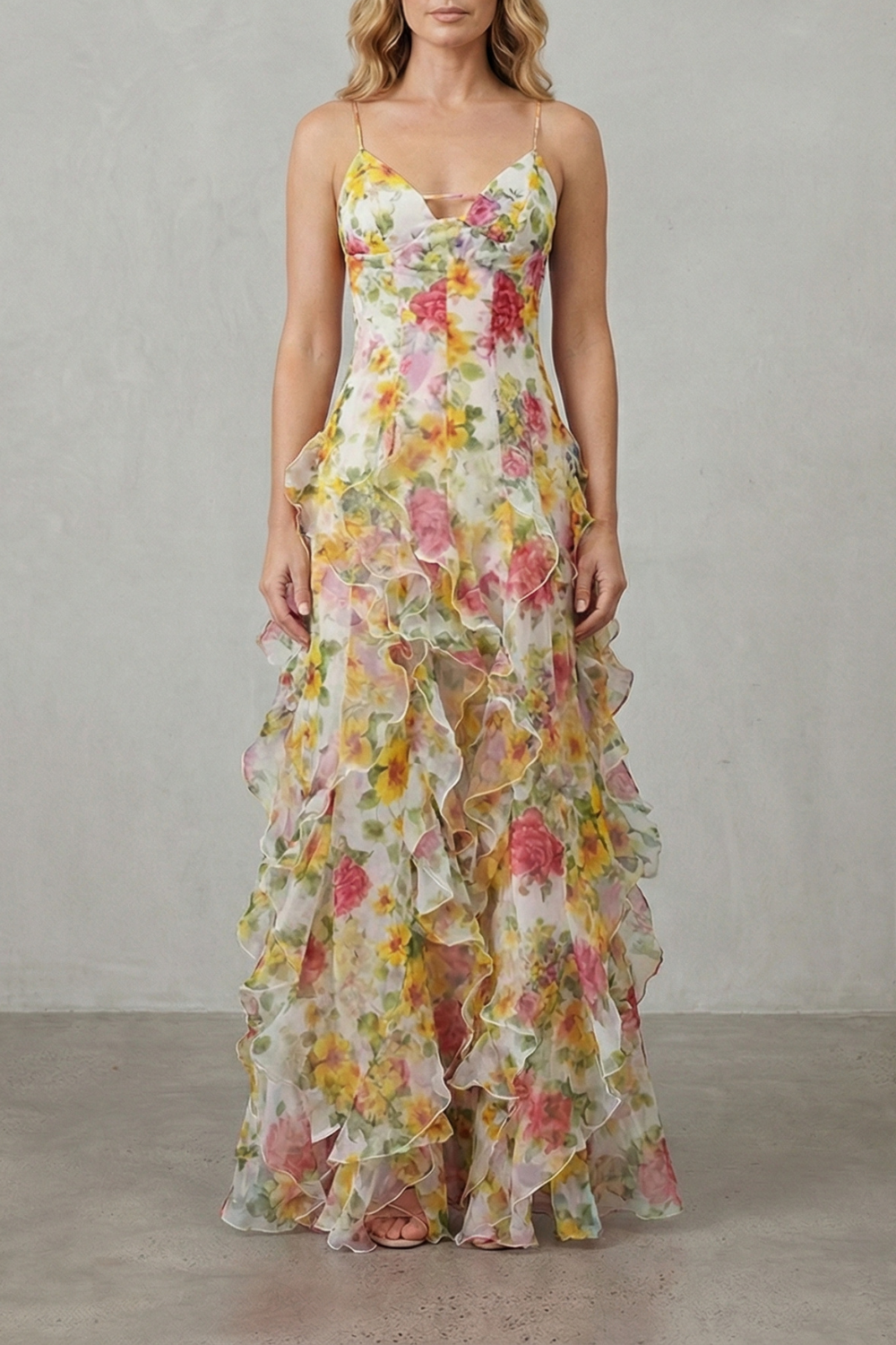 Floral V Neck Ruffled Chiffon Maxi Dress