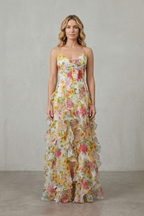 Floral V Neck Ruffled Chiffon Maxi Dress