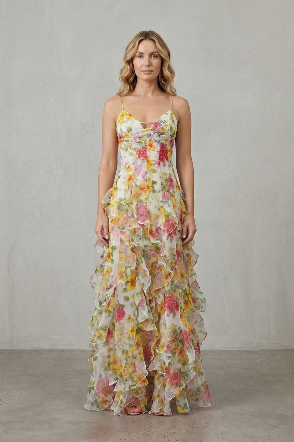 Floral V Neck Ruffled Chiffon Maxi Dress