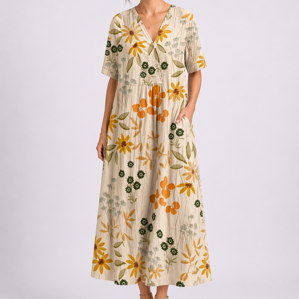 V Neck Short Sleeve Floral Midi Dress