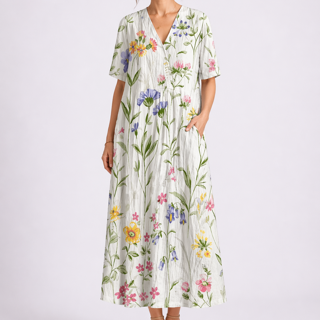 V Neck Short Sleeve Floral Midi Dress