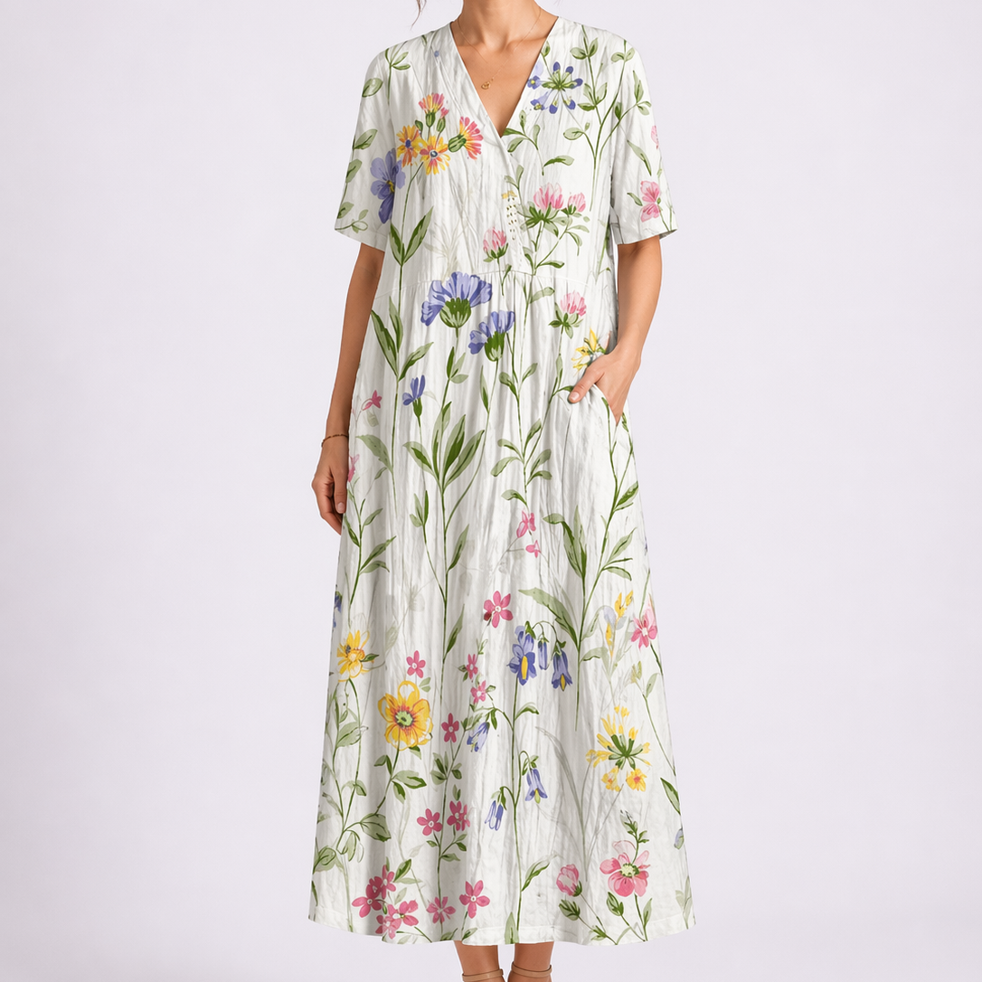 V Neck Short Sleeve Floral Midi Dress