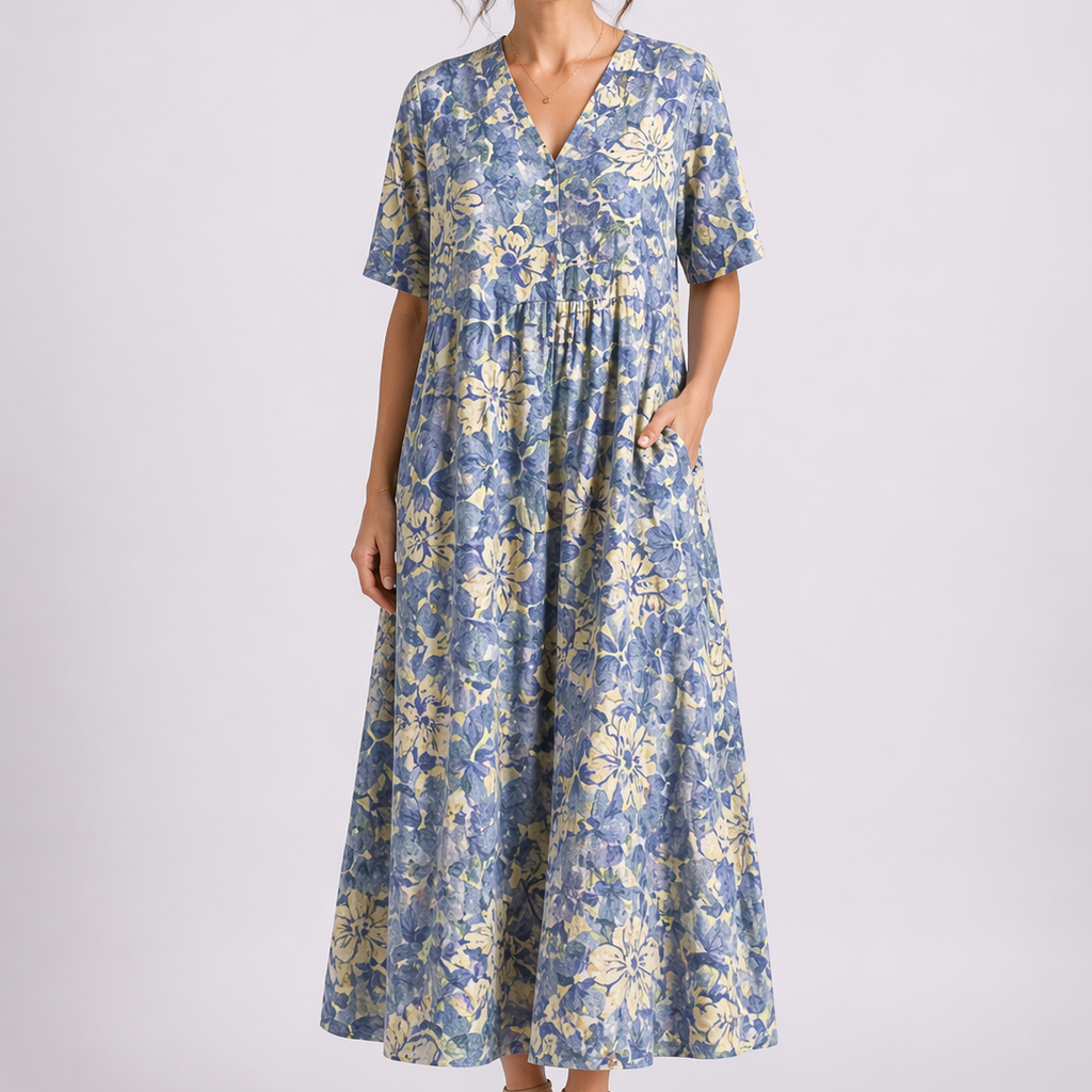 V Neck Short Sleeve Floral Midi Dress