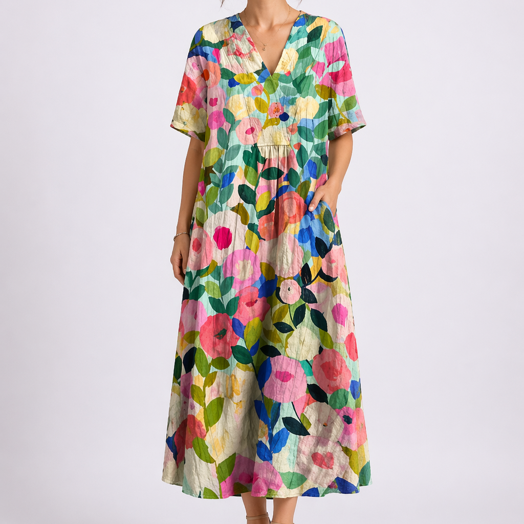 V Neck Short Sleeve Floral Midi Dress