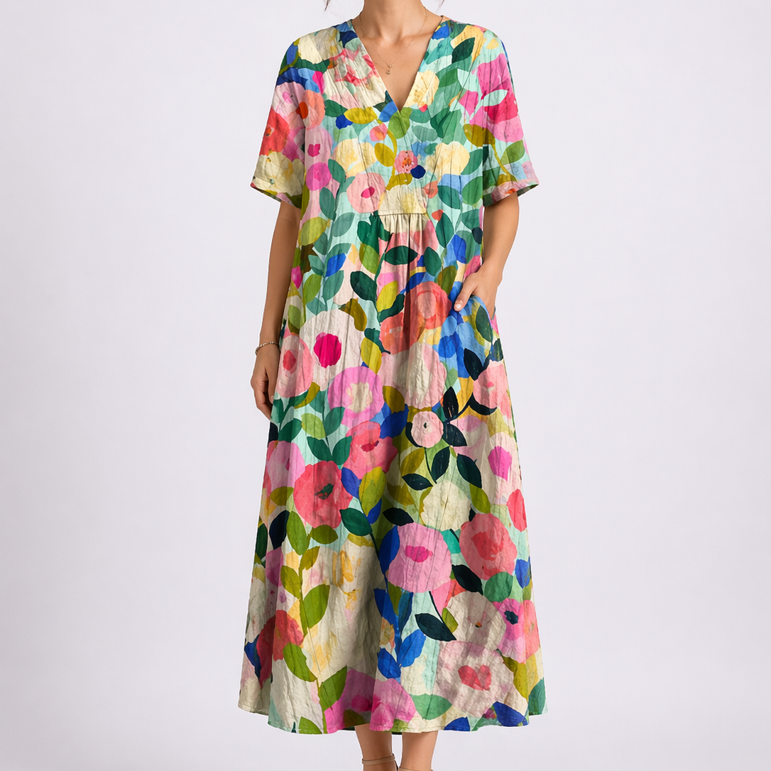V Neck Short Sleeve Floral Midi Dress