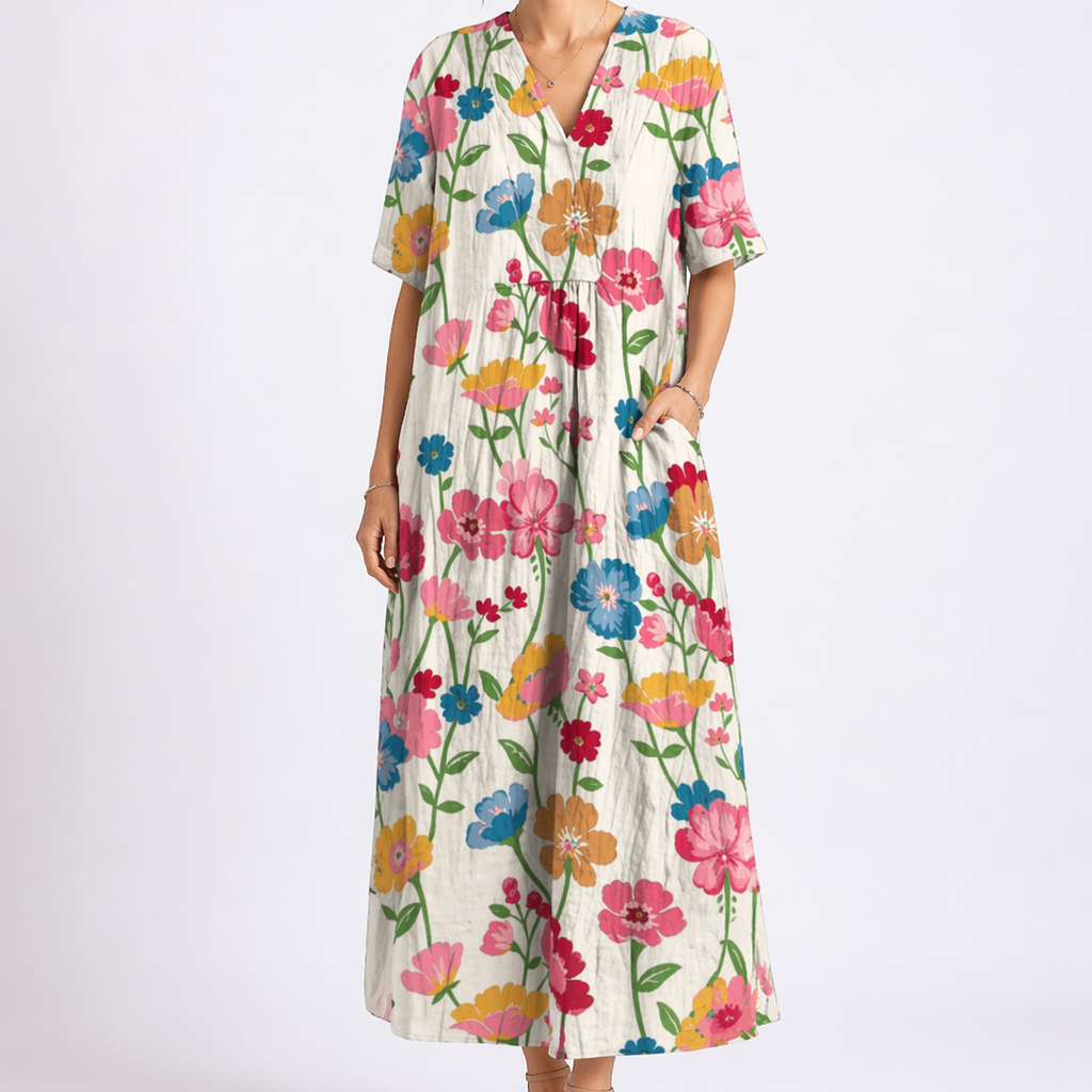 V Neck Short Sleeve Floral Midi Dress