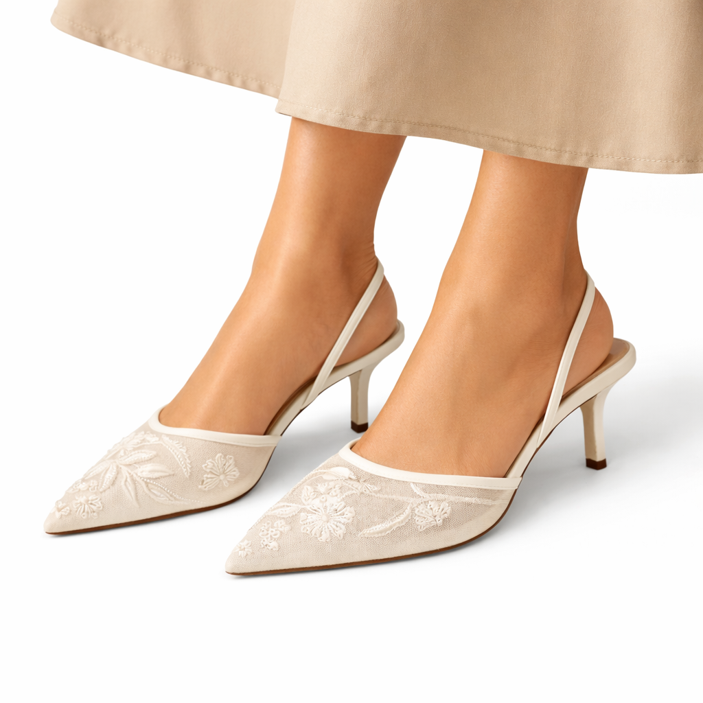Elegant Mesh Pointed Toe Embroidered Mules