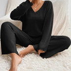 Knitted Two Piece Set V Neck Jumper Trousers Loungewear