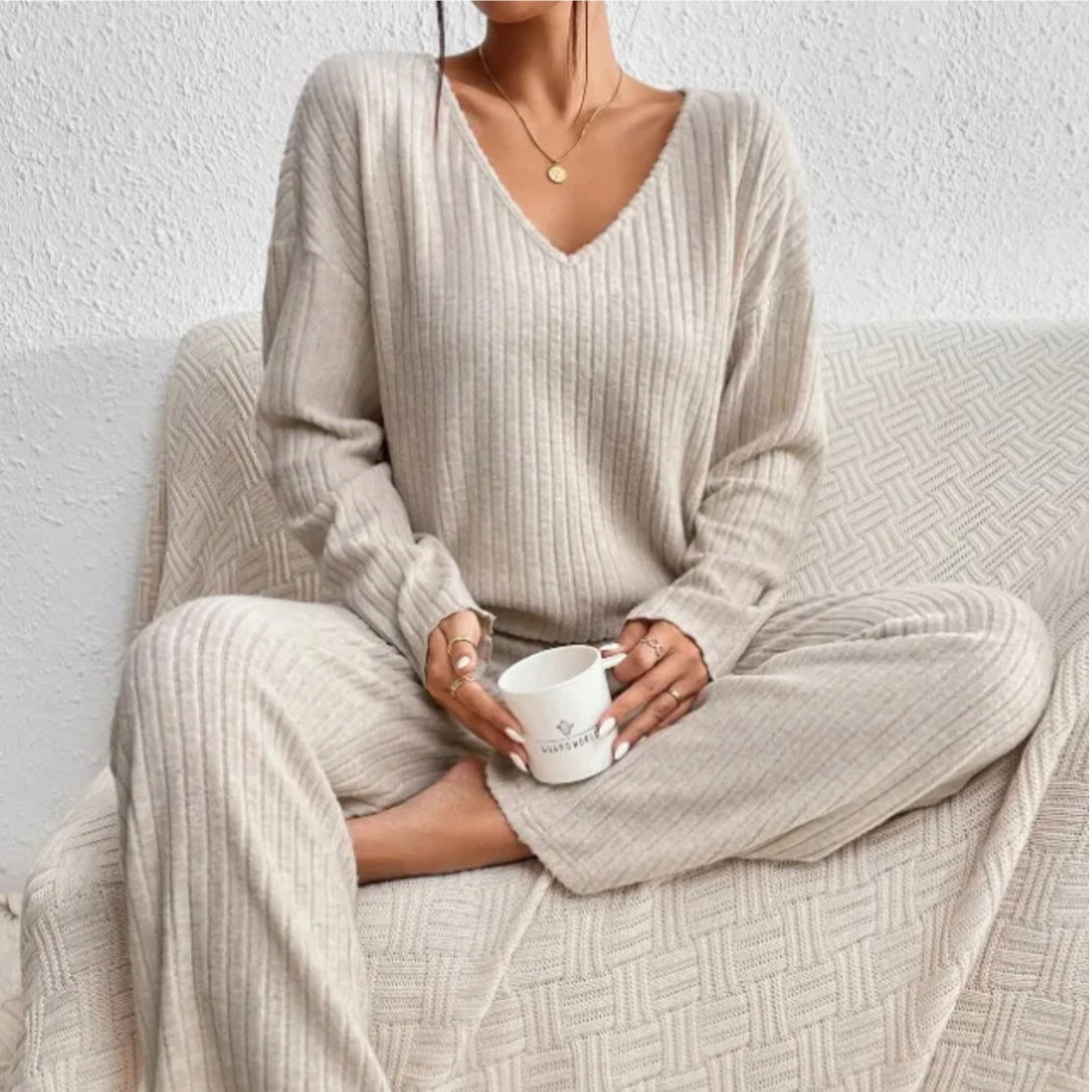 Knitted Two Piece Set V Neck Jumper Trousers Loungewear