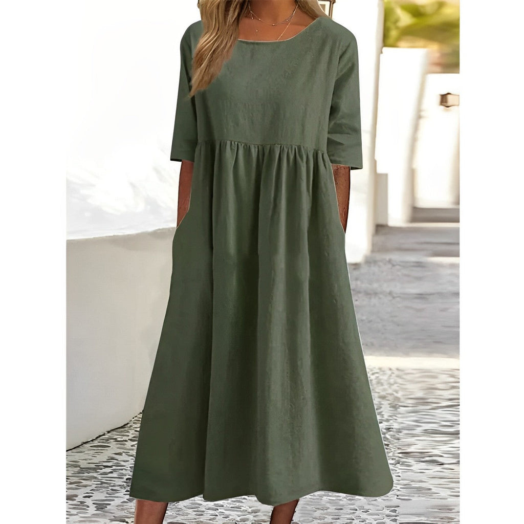 Cotton Linen Midi Dress Breathable Casual Summer