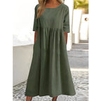Cotton Linen Midi Dress Breathable Casual Summer