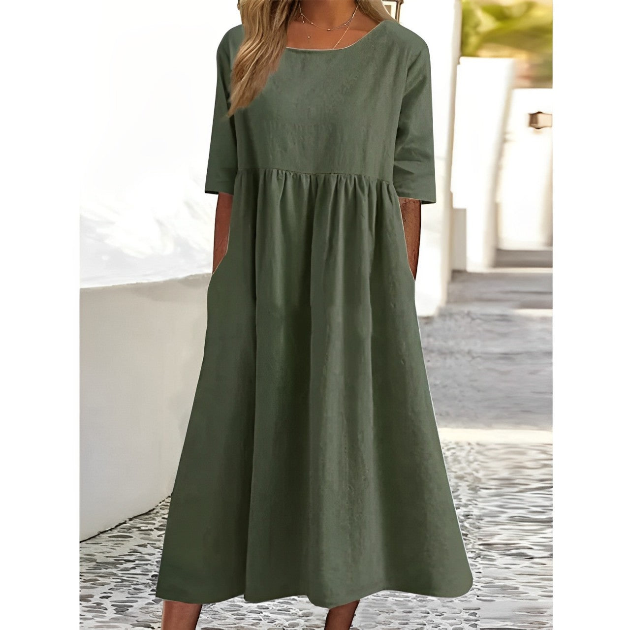 Cotton Linen Midi Dress Breathable Casual Summer