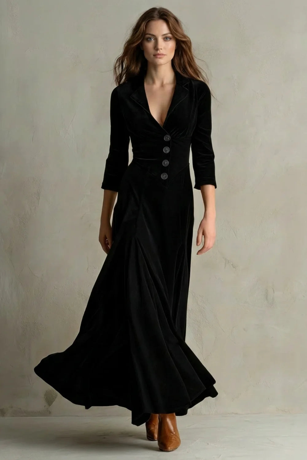 Women's Velvet Maxi Dress Long Buttoned Swing Skirt Vintage