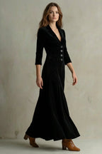 Women's Velvet Maxi Dress Long Buttoned Swing Skirt Vintage