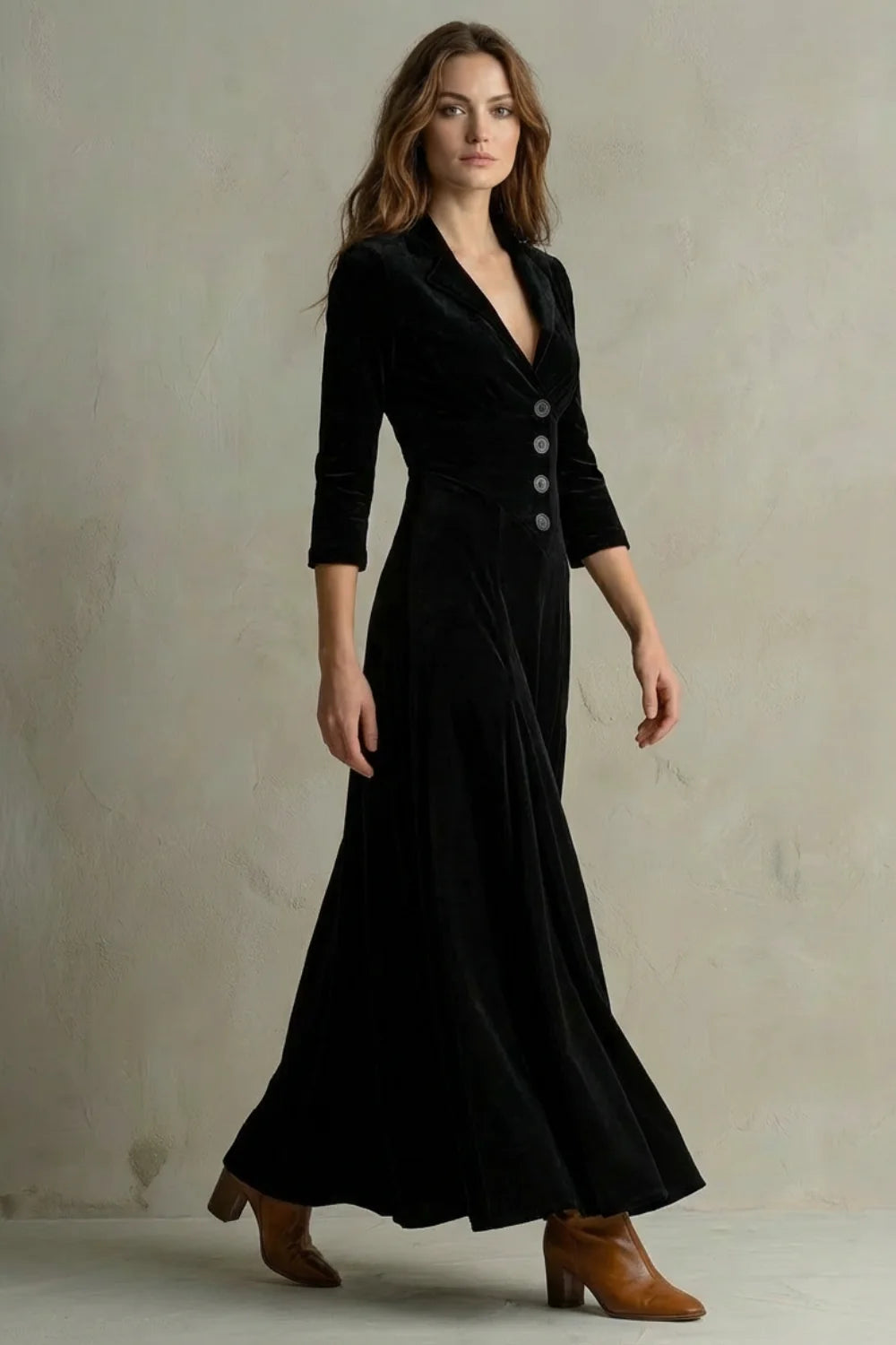 Women's Velvet Maxi Dress Long Buttoned Swing Skirt Vintage