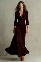 Women's Velvet Maxi Dress Long Buttoned Swing Skirt Vintage