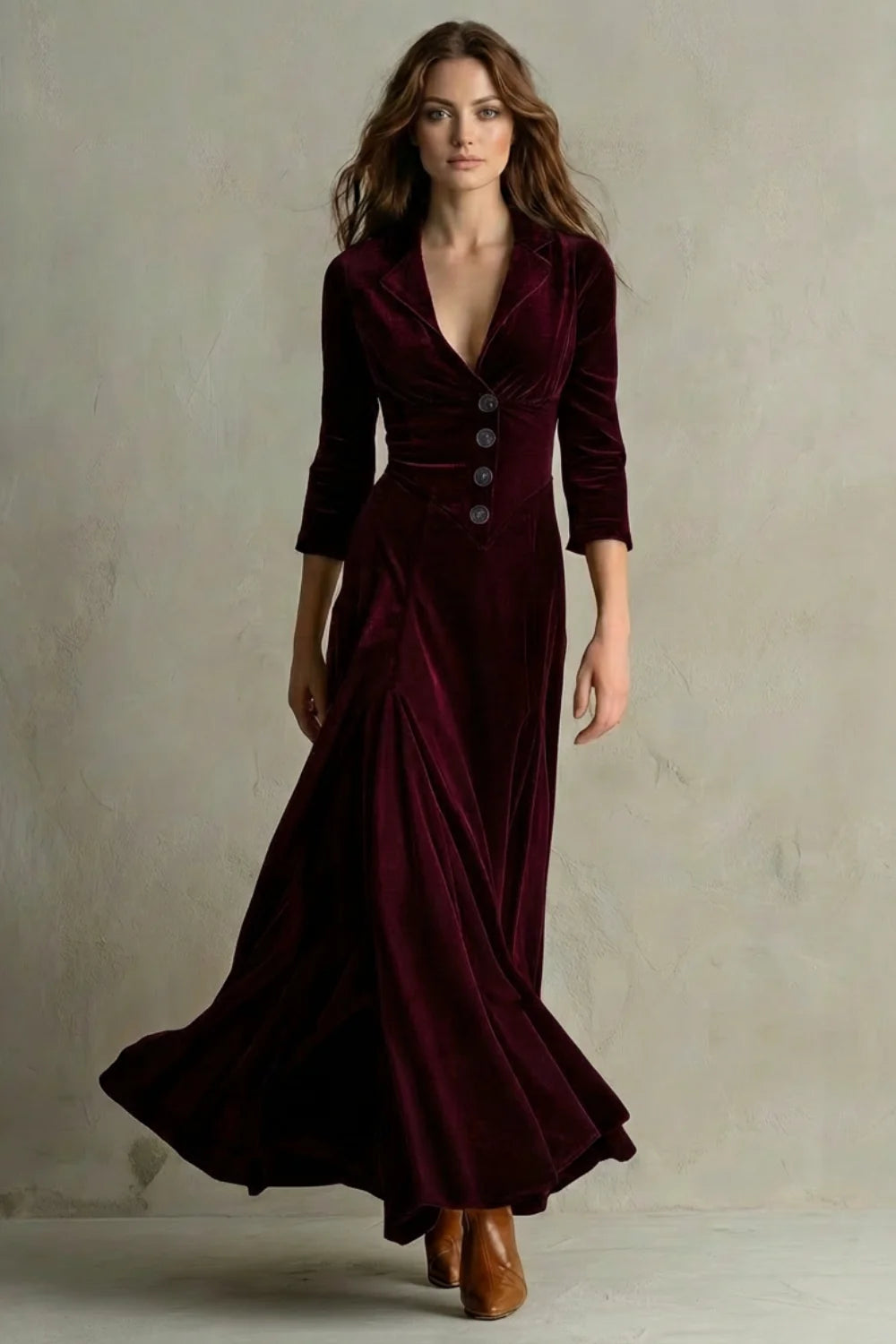 Women's Velvet Maxi Dress Long Buttoned Swing Skirt Vintage