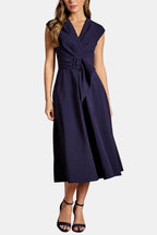 Belted V-Neck Crepe Midi Dress Elegant Occasion